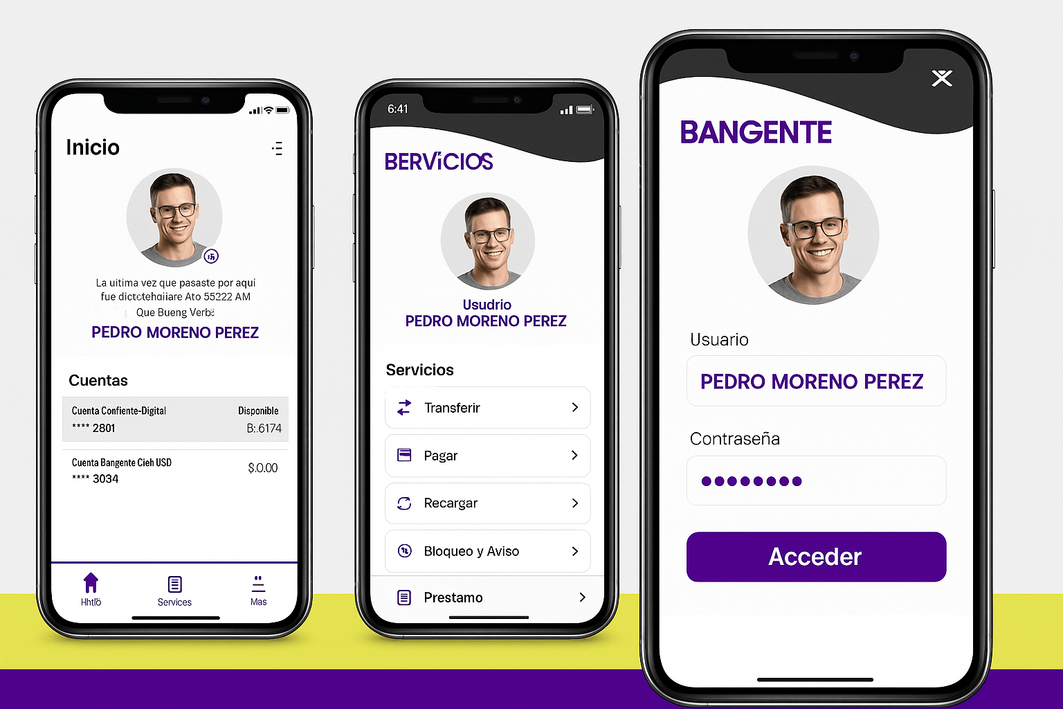 Three Bangente app screens: the home screen with accounts, the services menu, and the login screen