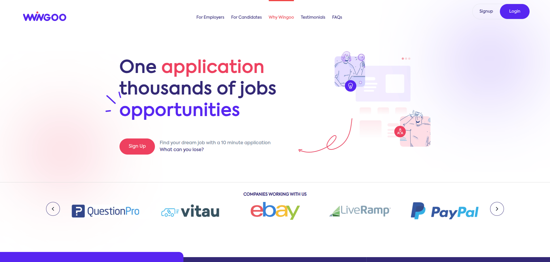 Wingoo home page: “One application, thousands of jobs opportunities”, with partner logos below